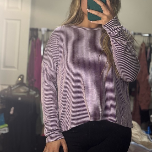 Tops - Purple and White Ribbed Long Sleeve